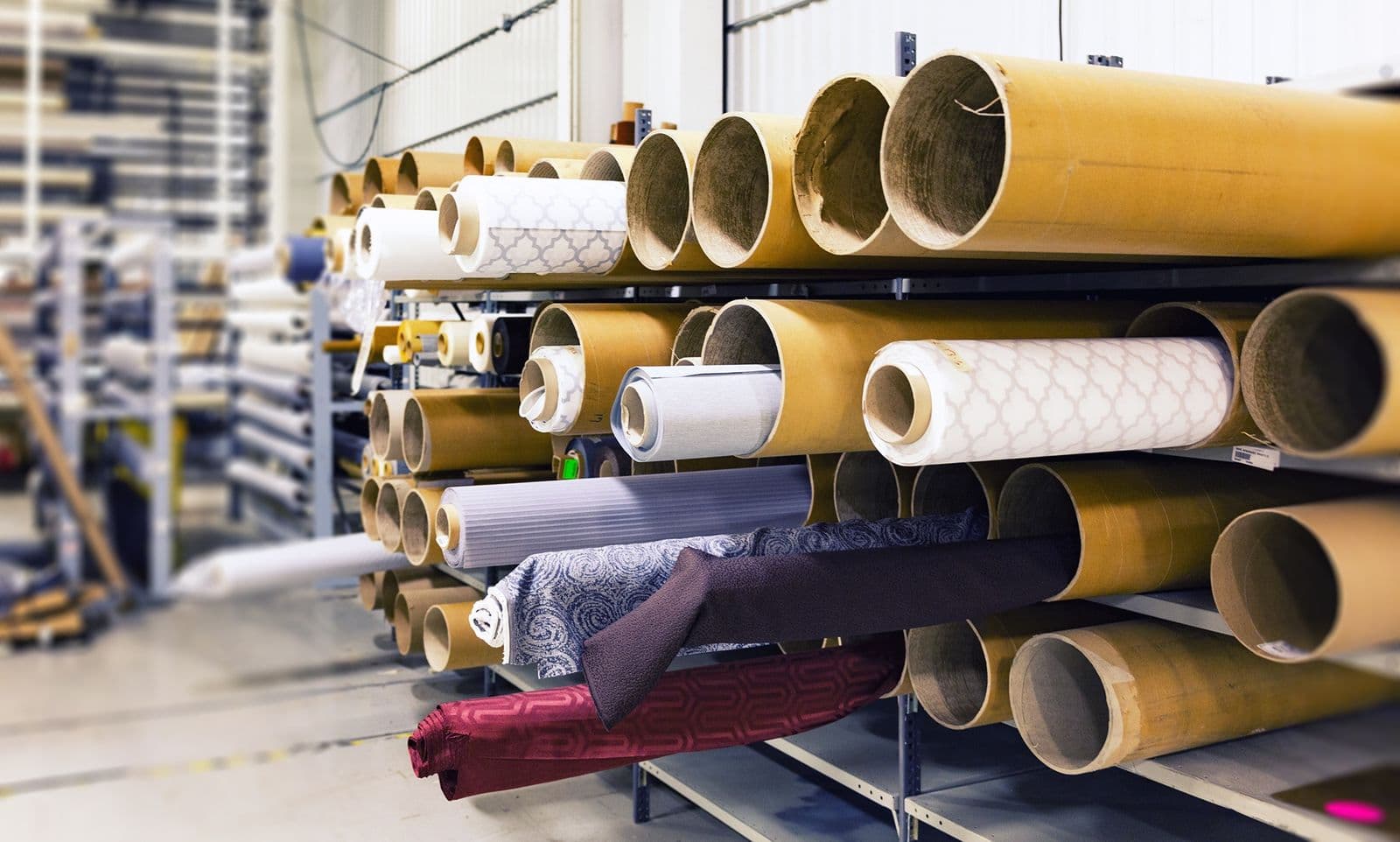 Fabric rolls racked in a textile store