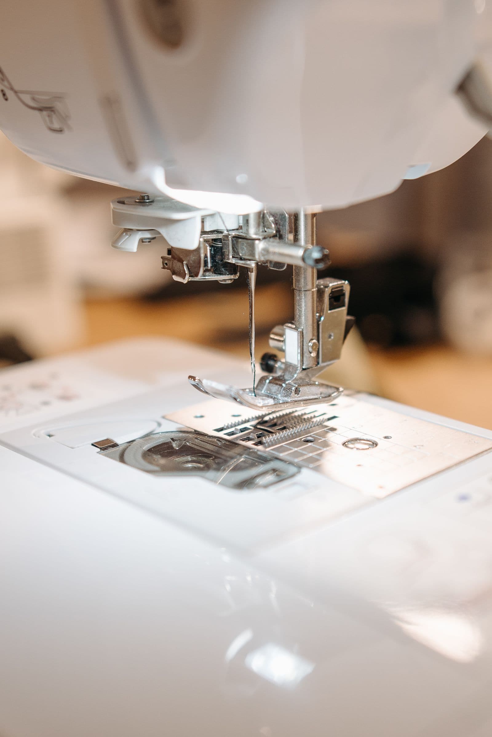 Sewing machine needle and presser foot, up close