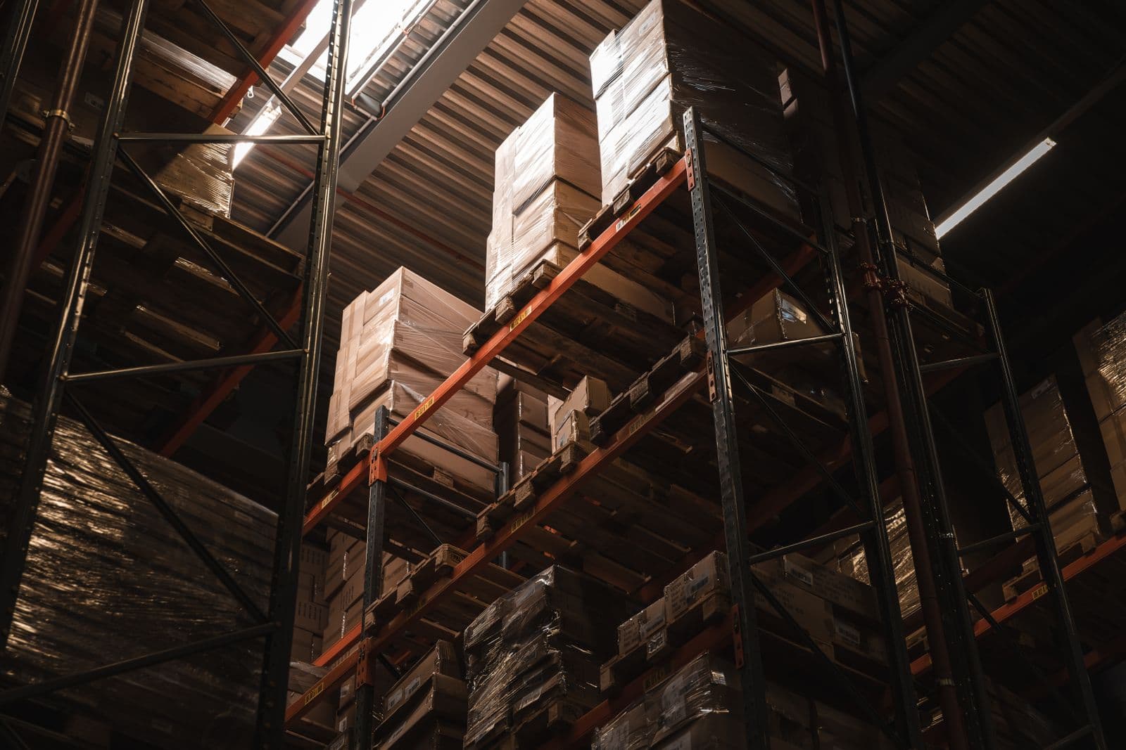 Stocked shelving racks in a warehouse